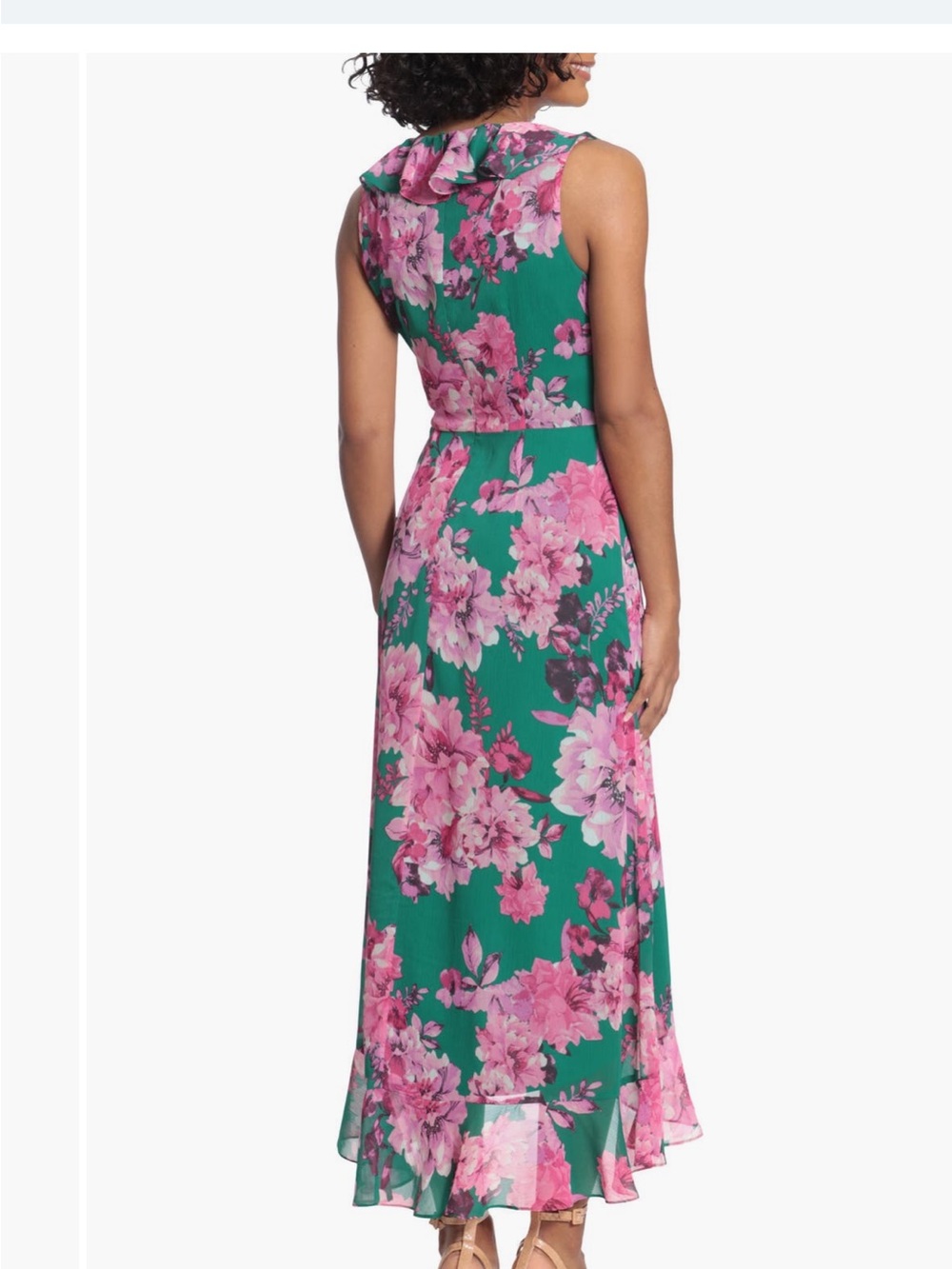 London Times Floral Faux Wrap Ruffle Hem Midi Maxi Dress Green Pink Size 18 - Picture 2 of 7
